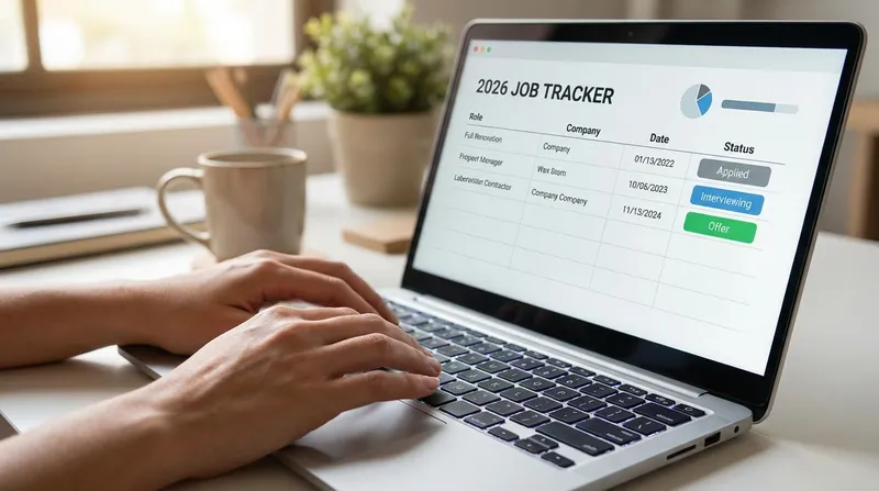 Professional hands poised over a sleek ultrabook keyboard, its screen displaying a clean, color-coded job application tracker with statuses like 'Applied,' 'Interviewing,' and subtle progress indicators. The focused image, set in a softly lit, minimalist workspace, conveys organized job searching and mental clarity.