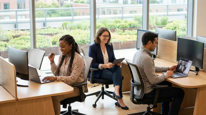 Three diverse job seekers – two women and a man – work with smiles and focus on laptops in a bright, ultra-modern co-working space. One woman beams with profound relief and success, while another maintains an optimistic focus. The atmosphere is vibrant with mental well-being and shared progress, illuminated by soft natural light.