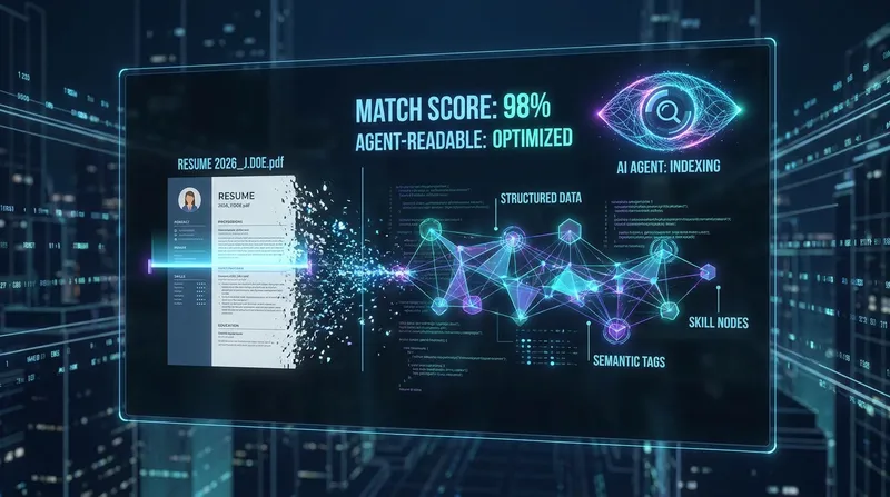 ATS-friendly resume 2026 dashboard showing a machine-readable resume parsed into structured data by an AI agent, with a match score of 98% displayed.