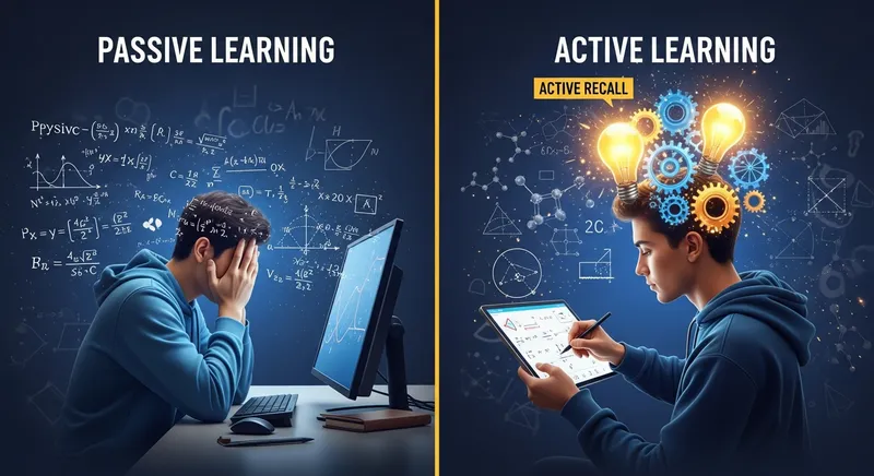 A split-screen illustration comparing passive learning to active recall, showing a focused student solving a calculus problem.