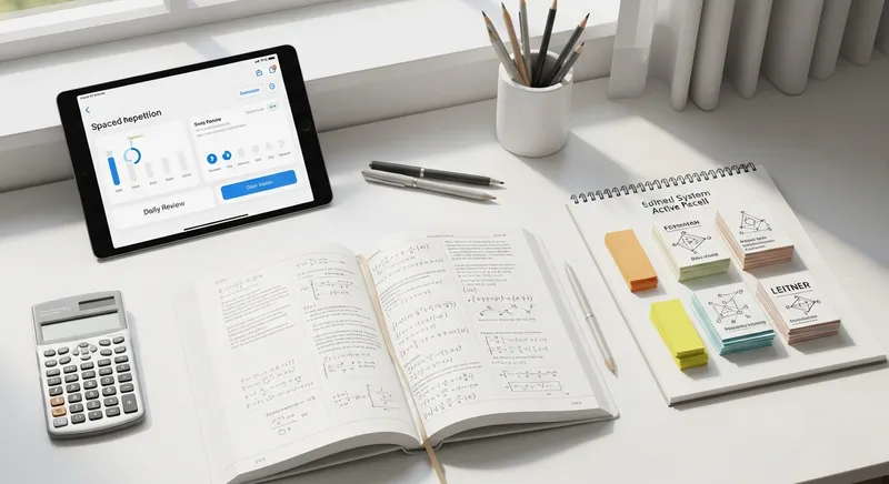 A STEM student's workspace with a calculus textbook, tablet showing a spaced repetition chart, and flashcards for active recall.