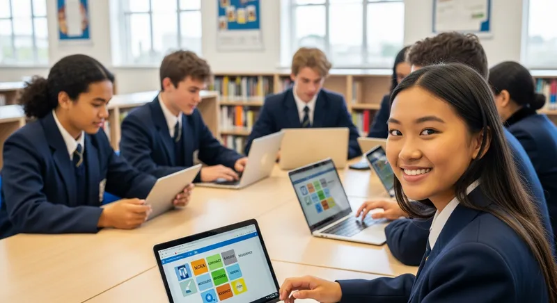 New Zealand students studying for NCEA co-requisites in a school library.