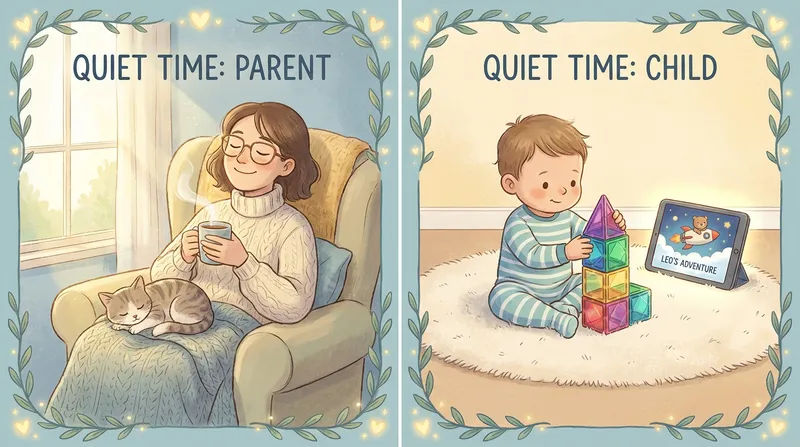 A split-screen illustration of a peaceful toddler quiet time routine, showing a parent relaxing with tea in an armchair on the left, and a toddler playing with magnetic tiles and a personalized children's story on a tablet on the right.