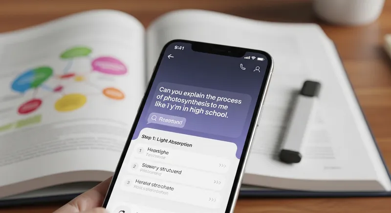 A smartphone displaying a minimalist AI chat interface explaining photosynthesis, resting on a wooden desk next to a blurred biology textbook and highlighter.