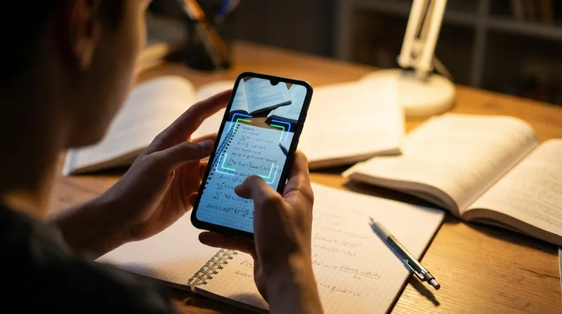 A student using a smartphone camera app to scan handwritten math equations in a notebook on a desk.