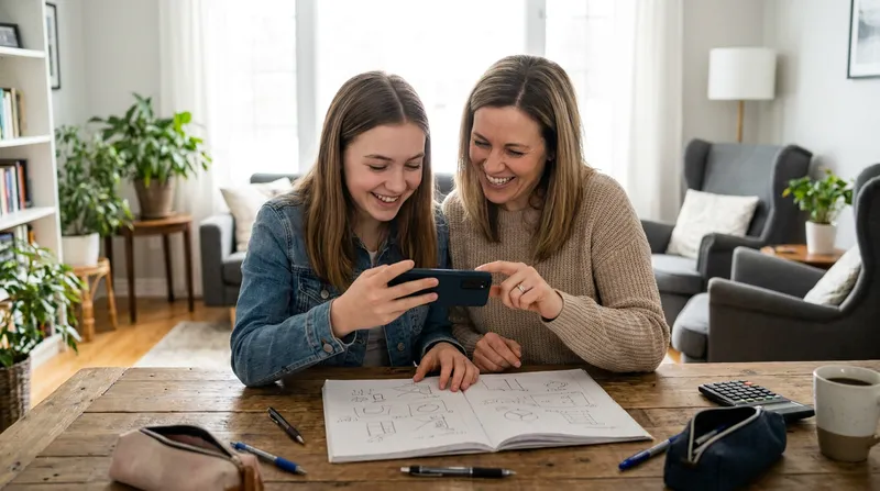 A smiling teenager and parent using a smartphone to scan a notebook with math diagrams for step-by-step homework help.