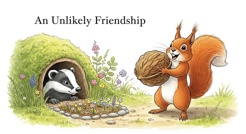 Whimsical watercolor illustration of Barnaby the badger peeking out from a mossy burrow as Bartholomew the squirrel holds a giant walnut in a sunlit, flower-filled forest.
