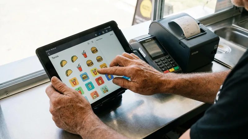 Close-up of a food truck owner using an iPad POS system with a portable EFTPOS terminal and receipt printer in the background.