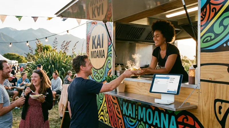 A vibrant food truck at a New Zealand festival with a smiling owner handing an order and a visible iPad POS system.