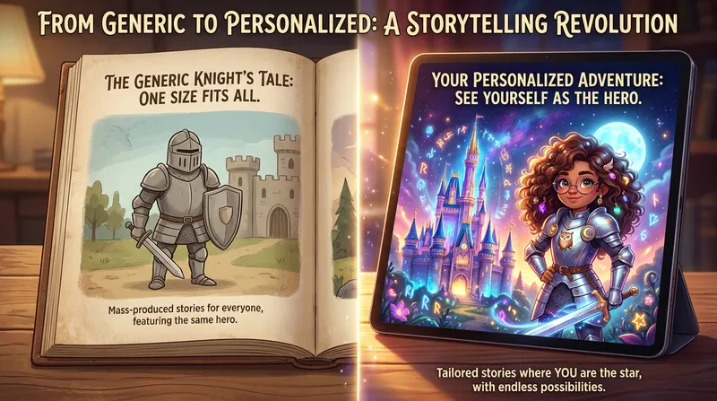 A split-screen illustration contrasting a traditional printed book featuring a generic male knight with a glowing digital tablet showing a personalized AI story of a young girl with glasses as a heroic knight.