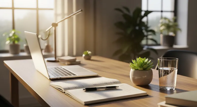 Minimalist, organized desk with a laptop and notebook in sunlight, representing a calm workspace for focus.