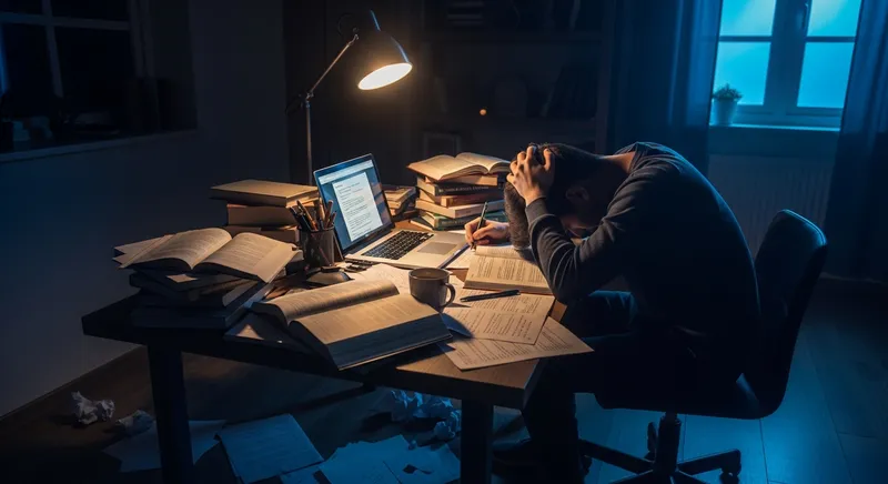 Exhausted student at a cluttered desk with head in hands, illustrating homework stress and academic anxiety.