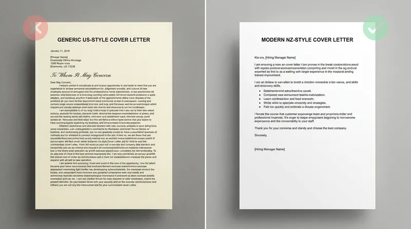 A side-by-side comparison of a rejected outdated cover letter on the left and an approved modern New Zealand-style cover letter on the right. The left document (marked with a red X) is a dense, cluttered, US Letter-sized page with heavy text. The right document (marked with a green checkmark) is a clean, A4-sized page with a professional header, generous white space, and a concise three-to-four paragraph layout optimized for the 2026 NZ job market.