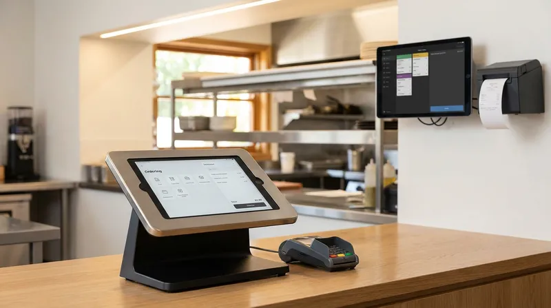 Self-service ordering kiosk and EFTPOS terminal on a cafe counter, with a kitchen display system screen and ticket printer visible in the background.