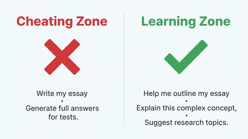 Infographic contrasting ethical AI use (the Learning Zone) with unethical AI use (the Cheating Zone) for homework.