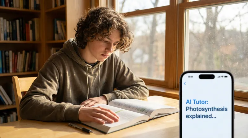A high school student studying a textbook at a desk, with an AI educational app on a smartphone nearby.