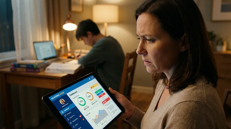 Parent reviewing child's homework progress on a parent dashboard app while teenager studies in background.