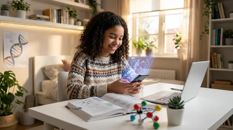 Teenager using Tutor AI app to scan a physics textbook diagram at a desk.