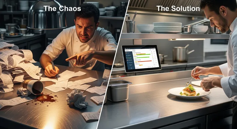 Comparison of a chaotic kitchen with paper dockets vs a calm kitchen with a digital KDS.