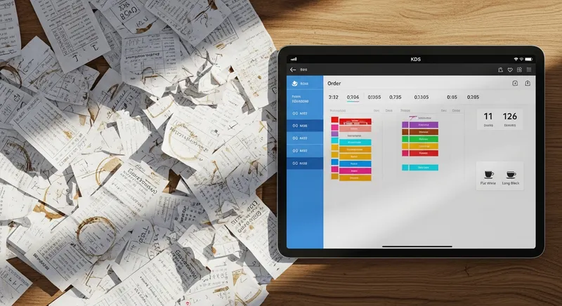 A sleek Kitchen Display System (KDS) showing organized digital coffee orders, contrasting with a messy pile of handwritten paper dockets, demonstrating improved cafe efficiency.