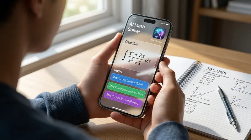 A student using an AI Math Solver app on a smartphone to solve an AP Calculus integral, with SAT Math practice exam questions on a desk in the background.