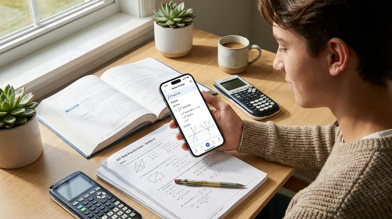 A student at a bright wooden desk uses an AI math solver app on a smartphone to view step-by-step solutions next to an AP Calculus textbook and SAT Math practice exams.