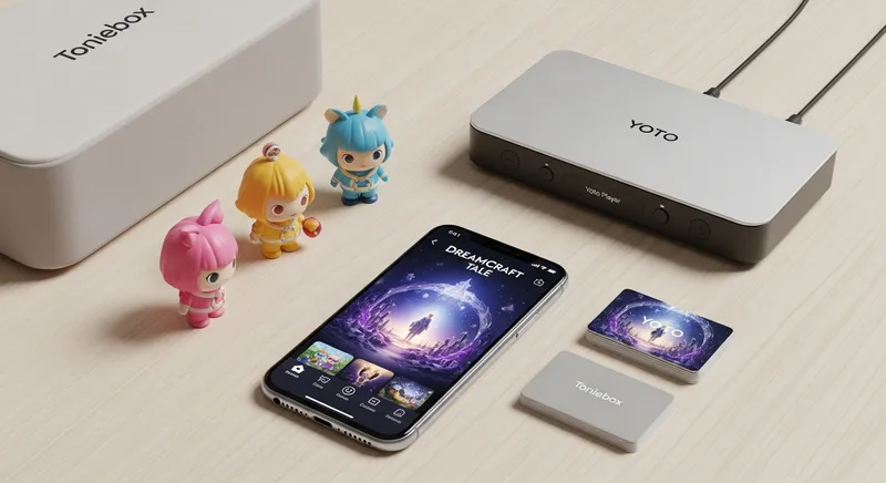 A minimalist flat-lay comparison of a Toniebox with figurines, a Yoto Player with audio cards, and a smartphone displaying the Dreamcraft Tale app interface on a light-wood surface.