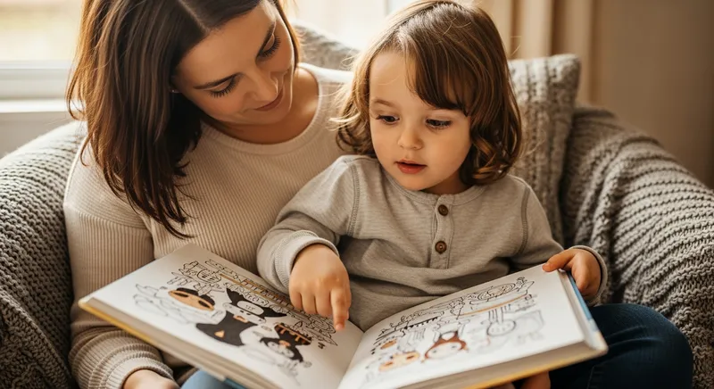 A parent and child bonding over a bespoke storybook in a cozy, sun-drenched reading nook, capturing a moment of meaningful bedtime storytelling.