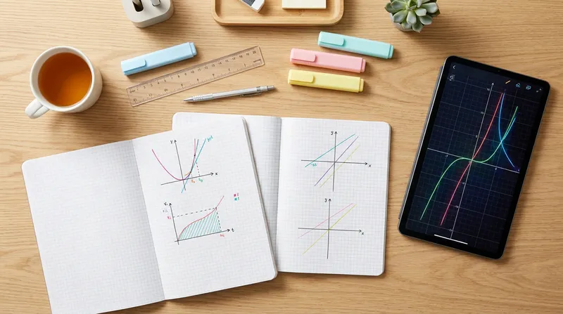 Flat-lay of an organized study workspace with calculus and algebra notes, hand-drawn graphs, stationery, and a tablet displaying a graphing app.