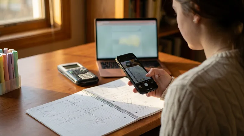 High school student using a smartphone to scan handwritten calculus notes and graphs in a notebook at a study desk.
