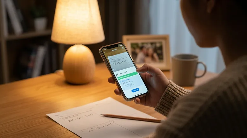 A parent uses a smartphone scanner math solver app to check a handwritten algebra equation on a high school student's homework sheet at a cozy wooden desk.
