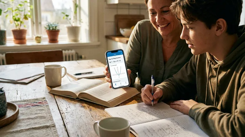 A parent and teenager sit at a kitchen table collaborating on math homework, using a smartphone math solver app to review a step-by-step solution.