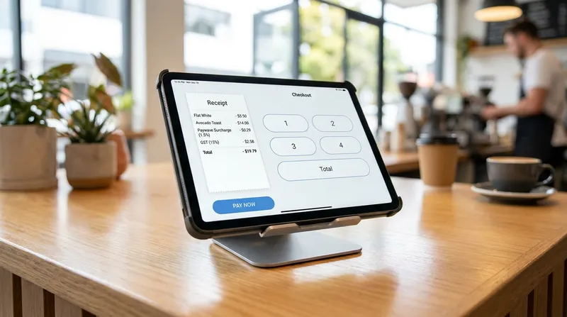 An iPad POS terminal on a wooden counter in a New Zealand cafe, displaying a checkout screen with a compliant 1.5% Paywave surcharge and GST.