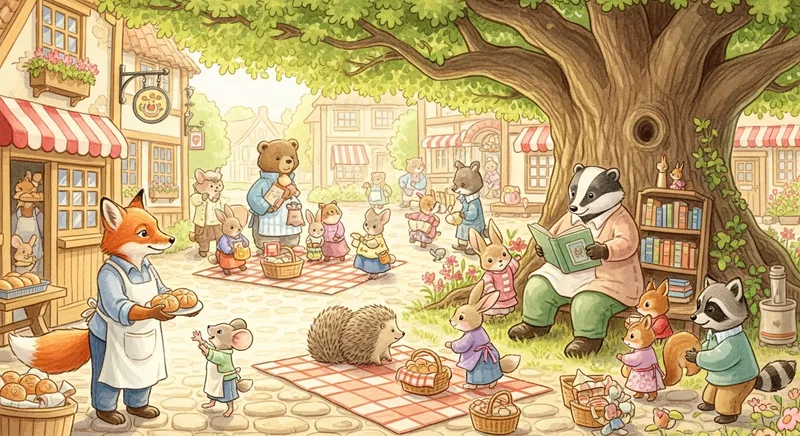 Watercolor illustration of an animal village square with a baker, librarian, and families enjoying a sunny day.