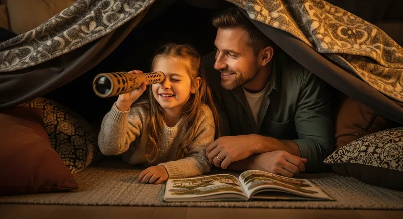 A father and daughter enjoying imaginative play in a blanket fort, using a personalized storybook as inspiration for their adventure game.