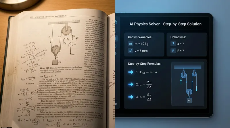 Split-screen of a cluttered physics textbook versus a clean AI physics solver interface on a tablet.