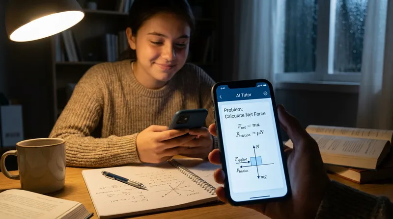 A high school student looks relieved while using an AI physics problem solver app on their smartphone for step-by-step homework help.