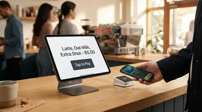 A customer taps their smartphone to make a contactless payment at a modern coffee shop POS system, displaying a latte order on an iPad screen to speed up morning service.