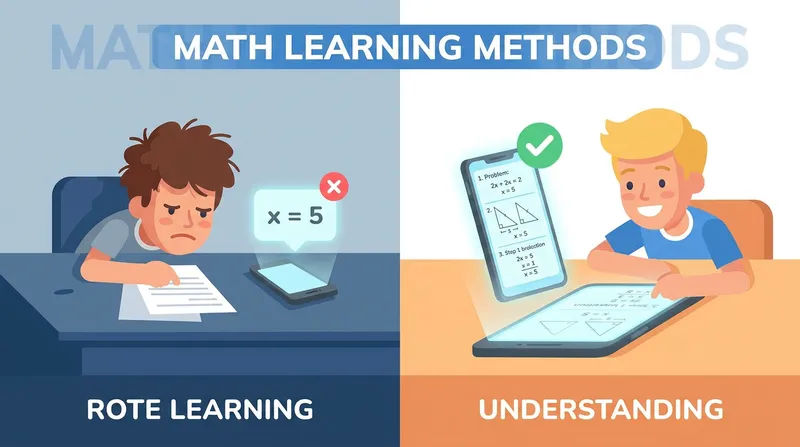 Comparison of a student copying an answer from a basic app vs understanding step-by-step AI math solutions