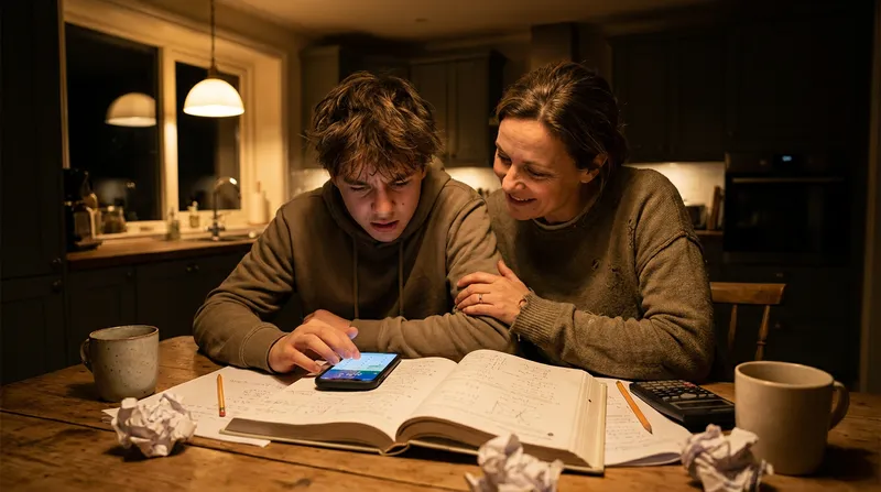 Parent and teen using an AI math solver app late at night for homework help