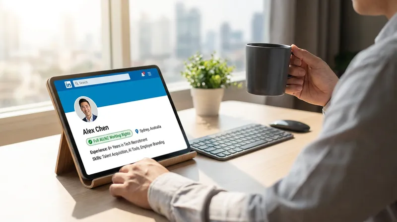 A recruiter reviewing a candidate's LinkedIn profile on a tablet, highlighting a "Full AU/NZ Working Rights" badge and Sydney, Australia location.