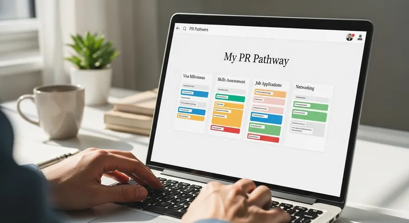 Close-up of a person using a laptop to manage a "My PR Pathway" project board with columns for Visa Milestones, Skills Assessment, and Job Applications in a bright, organized home office.