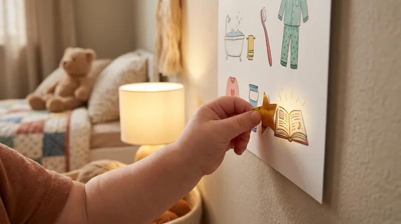A close-up of a toddler's hand placing a shiny gold star sticker on a colorful bedtime routine chart next to a storybook icon, with a cozy bed in the soft-focus background.