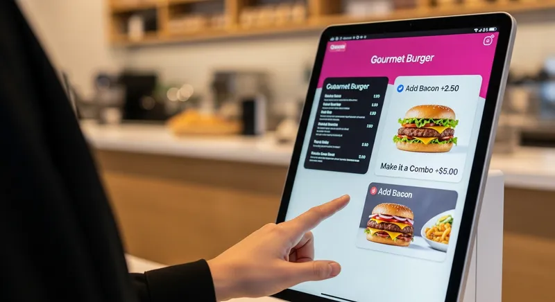 A close-up of an iPad kiosk screen showing a gourmet burger order with prompts to 'Make it a Combo' and add extra bacon, demonstrating upselling.