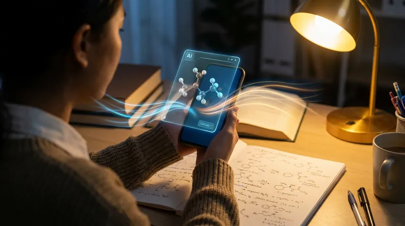 A student uses a chemistry problem solver AI app on a smartphone to project a glowing 3D molecular model over a handwritten chemistry worksheet in a cozy, dimly lit study setting.