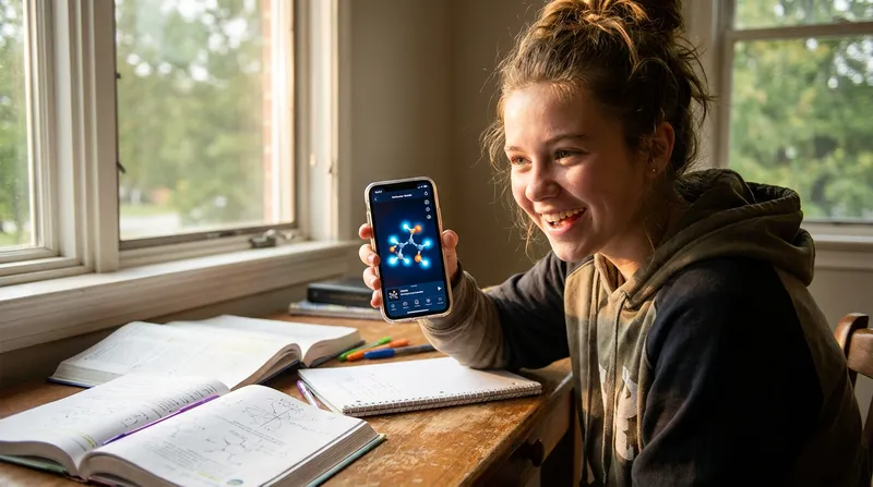 A smiling high school student uses a chemistry problem solver AI app on their smartphone to visualize a 3D molecular structure at a sunlit study desk.