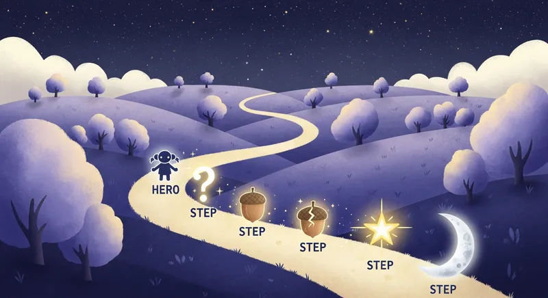 A whimsical watercolor illustration of a 5-step winding path through a magical dreamscape with lavender hills and a starry night sky, featuring glowing milestones of a hero, a question mark, an acorn, a star, and a crescent moon.