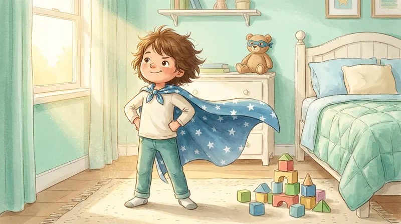 Whimsical watercolor illustration of a young child posing as a superhero in a cozy bedroom, representing inspiring everyday hero stories for kids.