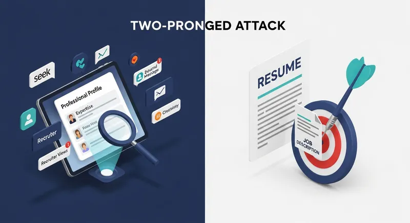 3D isometric infographic illustrating a two-pronged job search strategy: a professional Seek profile on a digital tablet for recruiter visibility and a tailored resume dart hitting a bullseye target for specific job descriptions.