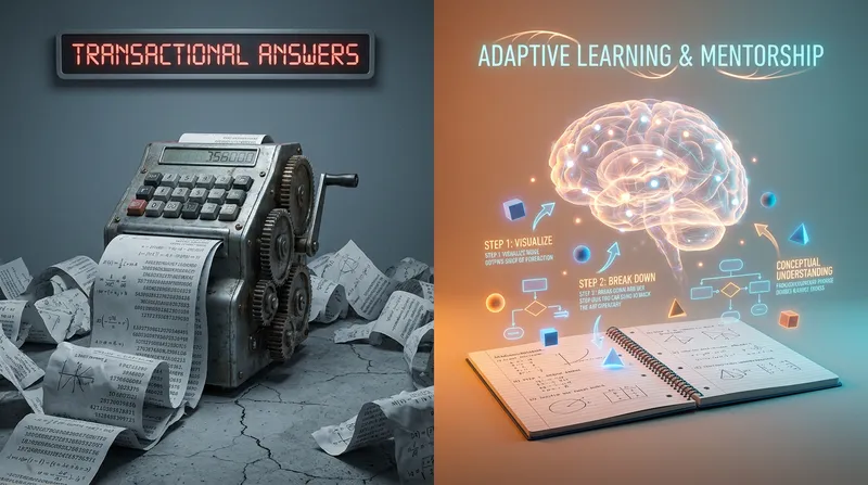 Split-screen comparison of a standard math solver versus an adaptive AI math tutor guiding a student through algebra.